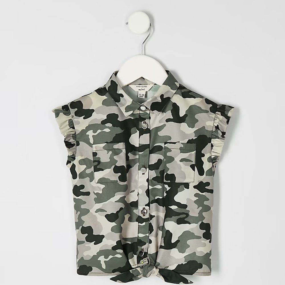 River Island Girls Khaki Camouflage Knot Front Sleeveless Shirt
